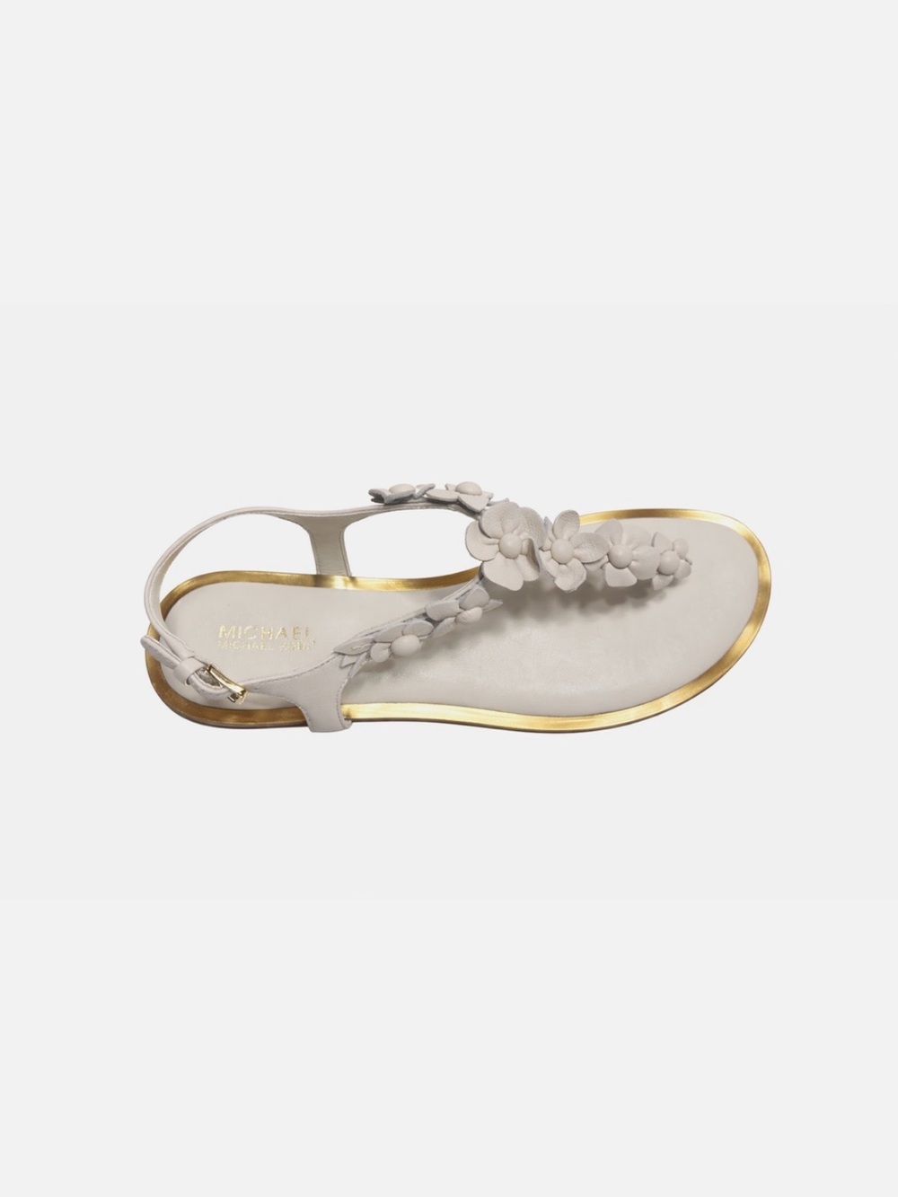 Michael Kors “Tricia” White Floral T-Strap Sandal with Gold Trim